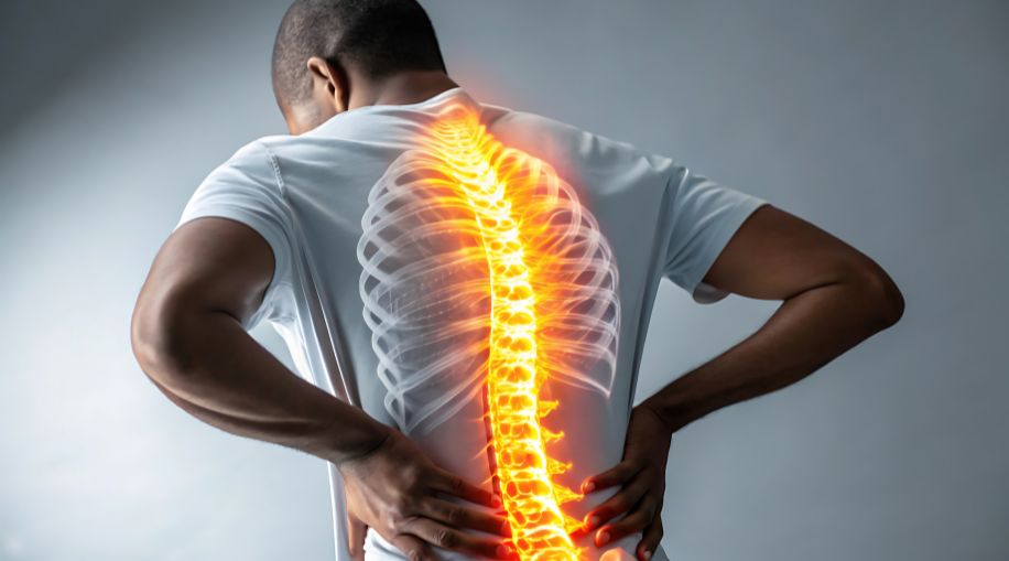A digital illustration showing a man's spine in bright orange, through the back of his shirt.