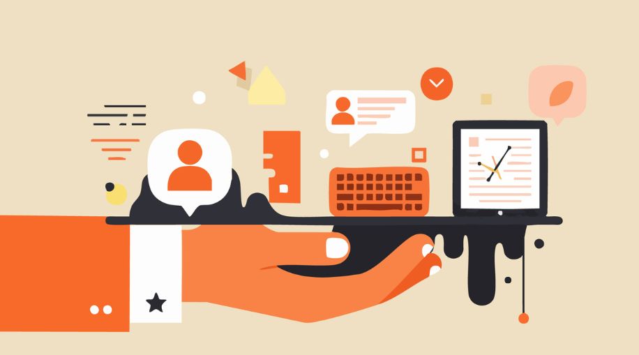 A digital illustration of an orange hand holding up screens and digital icons.